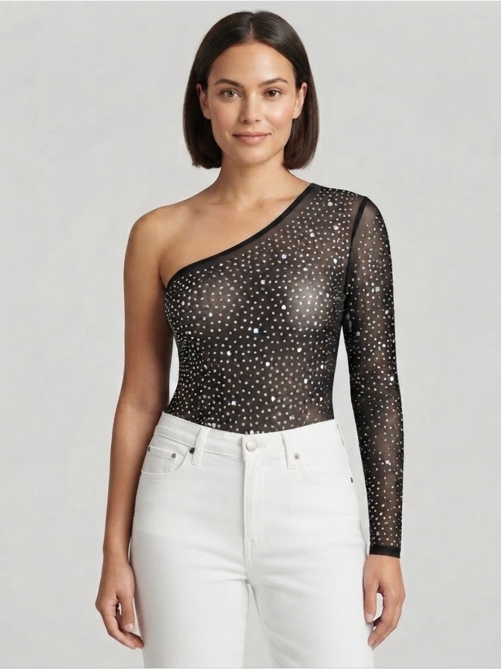 Windsor Black One-Shoulder Sheer Star Dot Bodysuit